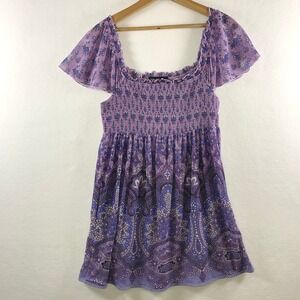 Womens Y2K Smocked Fairy Grunge Babydoll Top M Purple Paisley Flutter Sleeve 90s